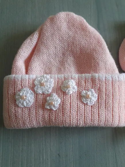 Touca e Luvas em Tricô e Crochê Rosa Bebê Tamanho m