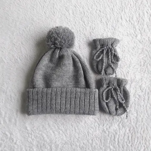 Touca Gorro com Pompom e Luvinhas para Bebê