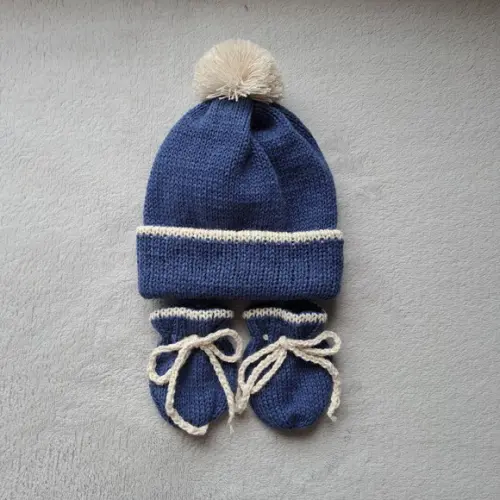Touca Gorro Pompom Luvas Bebê Azul Índigo e Cru