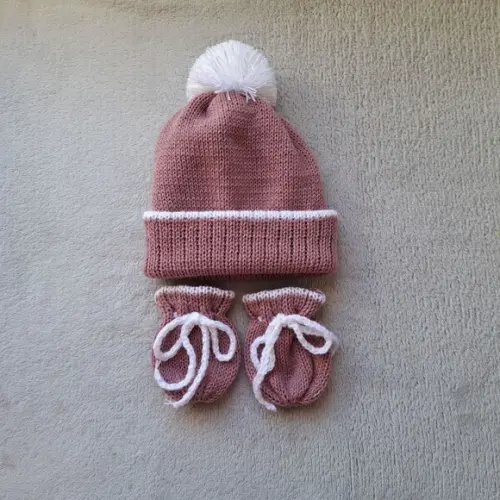 Touca Gorro Pompom Luvas Bebê Rosa Escuro e Cru