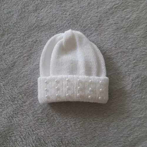 Touca Gorro Tricô Bebê Pérolas Abs Tamanho Rn Branca