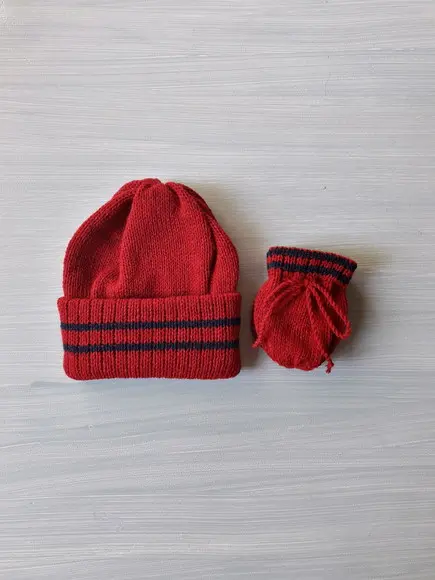 Touca Luvas Bebê Trico Crochê Vermelho e Marinho