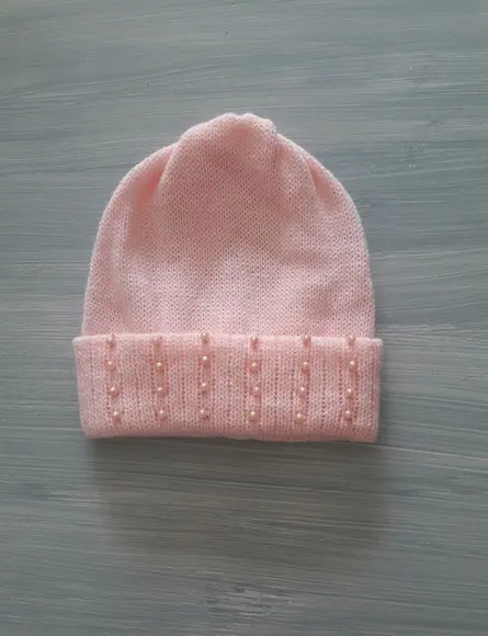 Touca Tricô para Bebê com Aplicação de Pérolas Abs Rosa Bebê