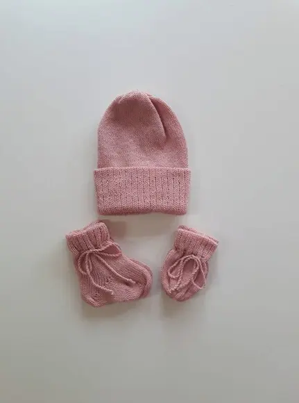 Touca, Meinhas e Luvas Bebê Trico e Croche Rosa