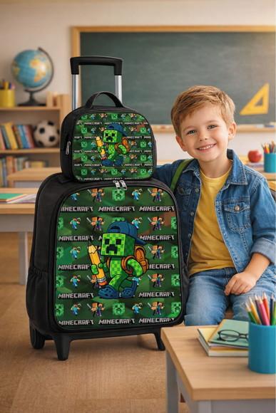Mochila Escolar com Rodinhas + Lancheira Térmica Minecraft