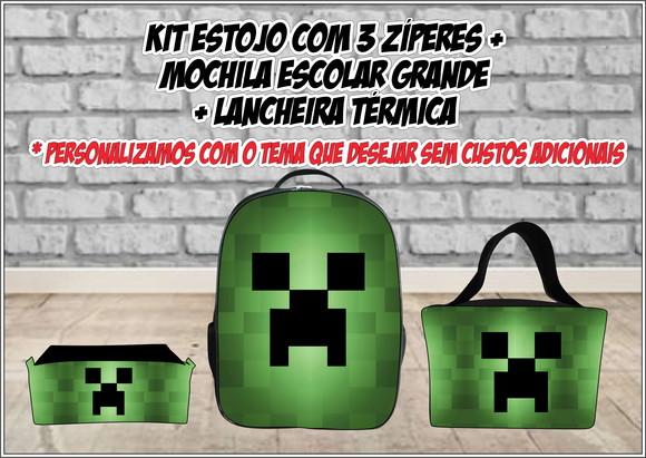 Kit Escolar Minecraft com Mochila Lancheira Estojo 3 Zíperes