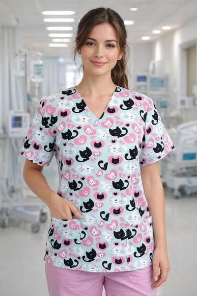 Scrub Cirúrgico Pijama Hospitalar com 2 Bolsos Gatinhos
