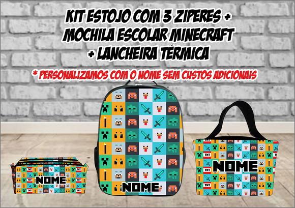 Kit Escolar Mochila + Lancheira e Estojo 3 Zíperes Minecraft