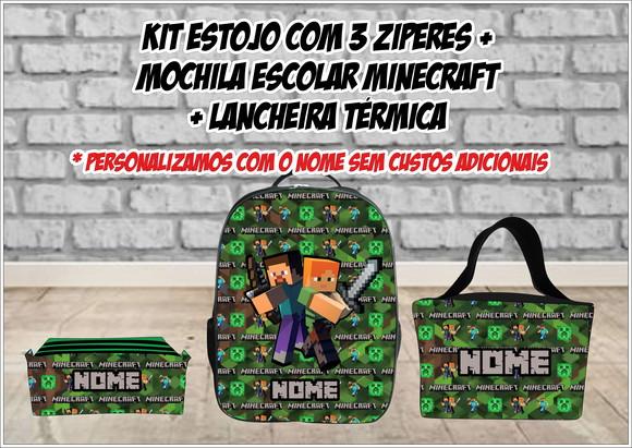 Kit Escolar Mochila + Lancheira e Estojo 3 Zíperes Minecraft