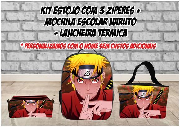 Kit Escolar Mochila com Lancheira e Estojo 3 Zíperes Naruto