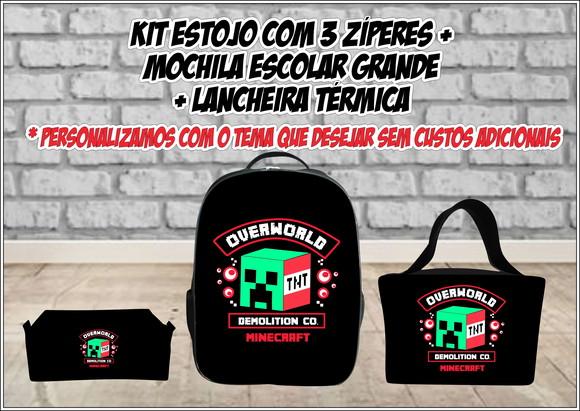 Kit Escolar Mochila + Lancheira e Estojo 3 Zíperes Minecraft