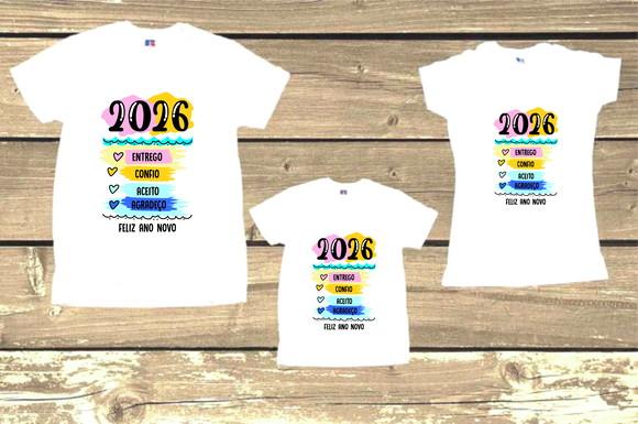 Trio de Camisetas Feliz 2026 Entrego Confio Aceito Agradeço