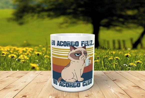 Caneca Gato tomando Café Eu acordo Feliz ou Acordo Cedo