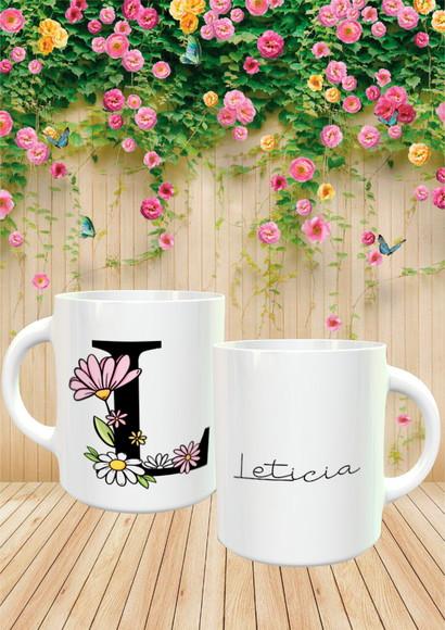 Caneca Alfabeto Flores Coloridas Personalizada COM SEU NOME
