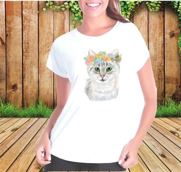 Camiseta Gato com Coroa de Flores