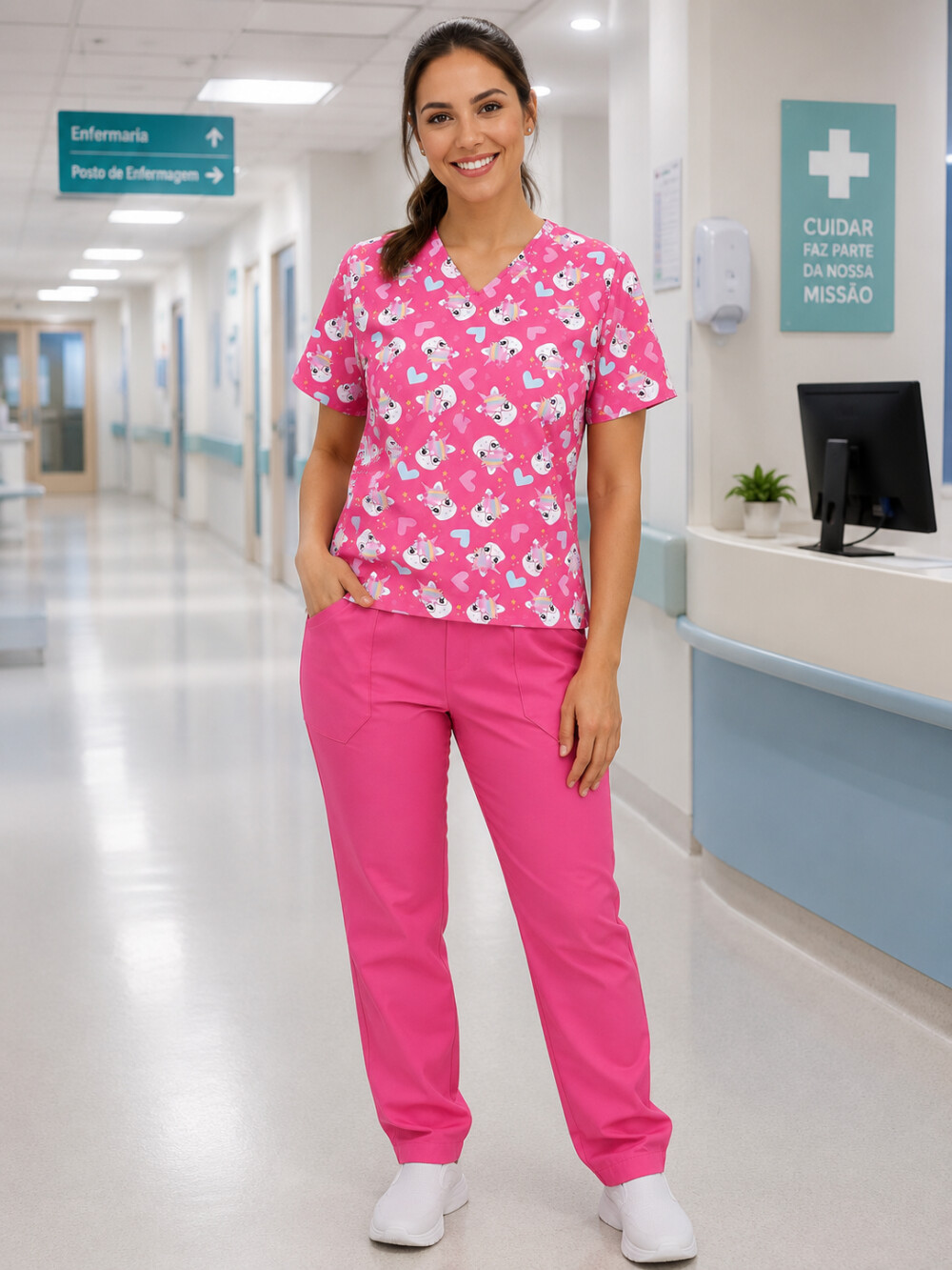 Kit Scrub Cirúrgico Pijama Hospitalar com 2 Bolsos Unicórnio co