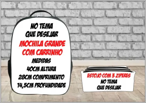 Kit Mochila com Carrinho + Estojo com 3 Zíperes