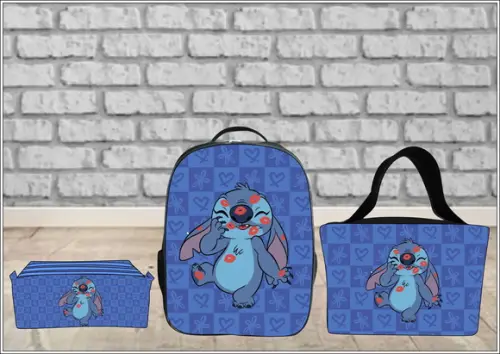 Kit Escolar Mochila com Lancheira e Estojo 3 Zíperes Stich