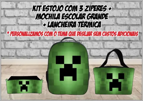 Kit Escolar Minecraft com Mochila Lancheira Estojo 3 Zíperes