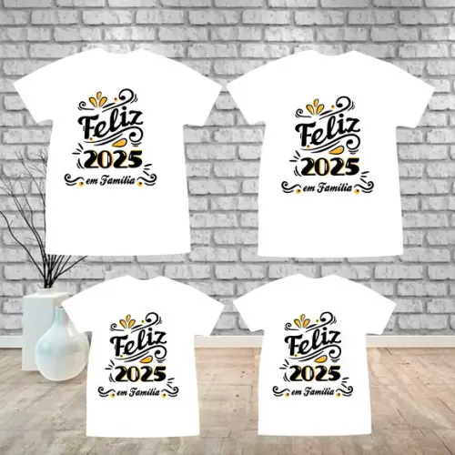 Kit 4 Camisetas Feliz 2025 em Família