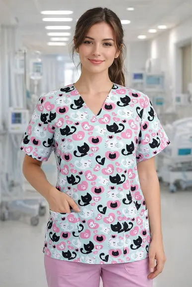 Scrub Cirúrgico Pijama Hospitalar com 2 Bolsos Gatinhos