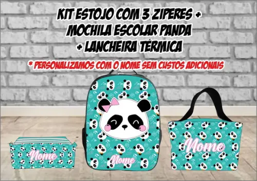 Kit Escolar Mochila + Lancheira + Estojo 3 Zíperes Panda