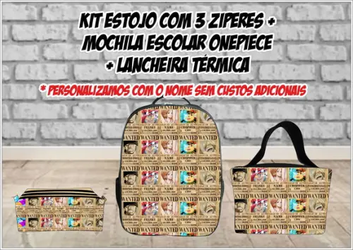 Kit Escolar Mochila + Lancheira e Estojo 3 Zíperes One Piece
