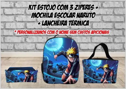 Kit Escolar Mochila + Lancheira e Estojo 3 Zíperes Naruto