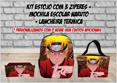 Kit Escolar Mochila com Lancheira e Estojo 3 Zíperes Naruto