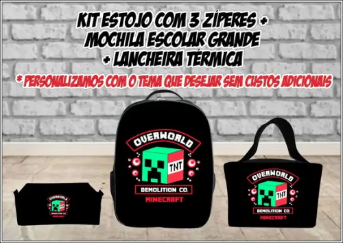 Kit Escolar Mochila + Lancheira e Estojo 3 Zíperes Minecraft