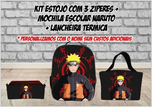 Kit Escolar Mochila Lancheira e Estojo 3 Zíperes Naruto #1