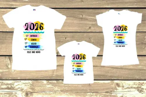 Trio de Camisetas Feliz 2026 Entrego Confio Aceito Agradeço