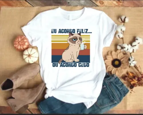 Camiseta Gato Eu Acordo Feliz ou Acordo Cedo