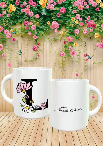 Caneca Alfabeto Flores Coloridas Personalizada COM SEU NOME