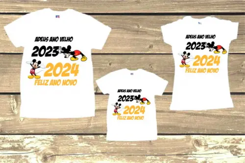 Kit com 7 Camisetas Adeus Ano Velho Feliz Ano Novo Mickey