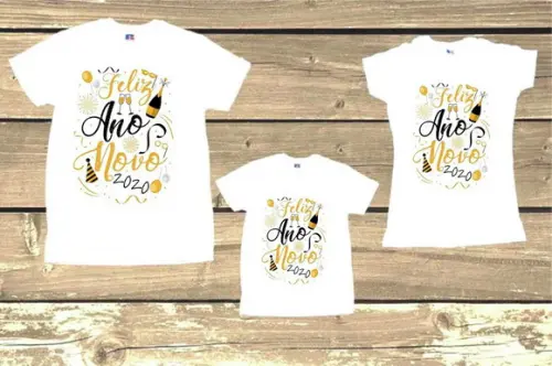 Kit com 3 Camisetas + 1 Body Feliz Ano novo