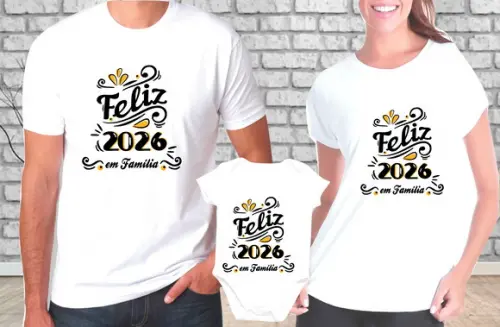 Kit 3 Camisetas Feliz 2026 em Família