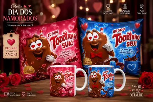 Kit Dia dos Namorados Canecas + Almofadas Personalizadas Toddynho Casal Romântico