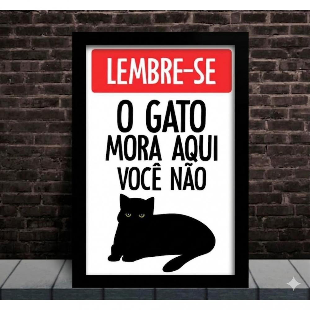 Placa decorativa MDF com moldura - Lembre-se, o gato mora aqui, v