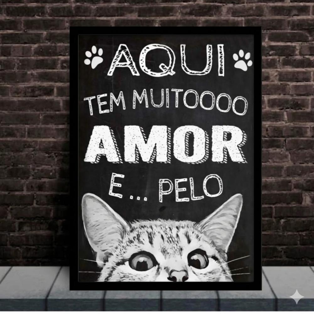 Quadro Placa Decorativa MDF com moldura Gatos 'Aqui tem muito amo