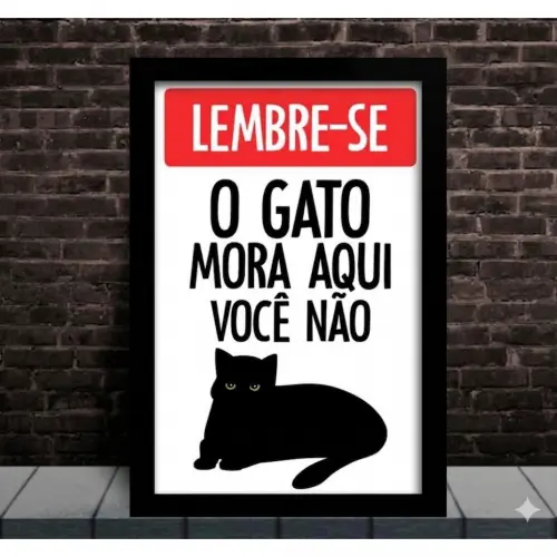 Placa decorativa MDF com moldura - Lembre-se, o gato mora aqui, voce não