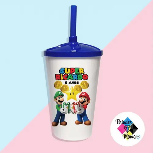 Copo Twister com Tampa e Canudo Mario