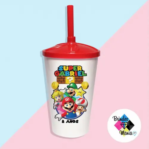 Copo Twister com Tampa e Canudo Mario
