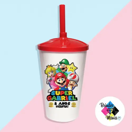 Copo Twister com Tampa e Canudo Mario