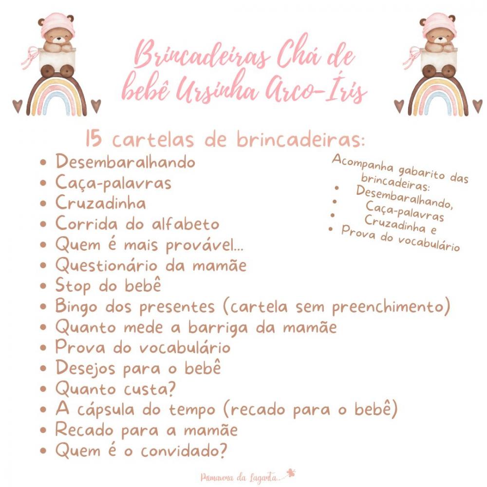 Kit Brincadeiras Chá de Bebê Ursinha Arco-íris -pdf