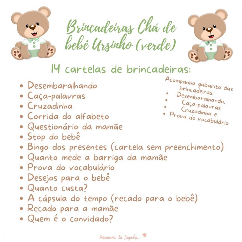 Kit Brincadeiras Chá de Bebê Ursinho Body (verde) -pdf