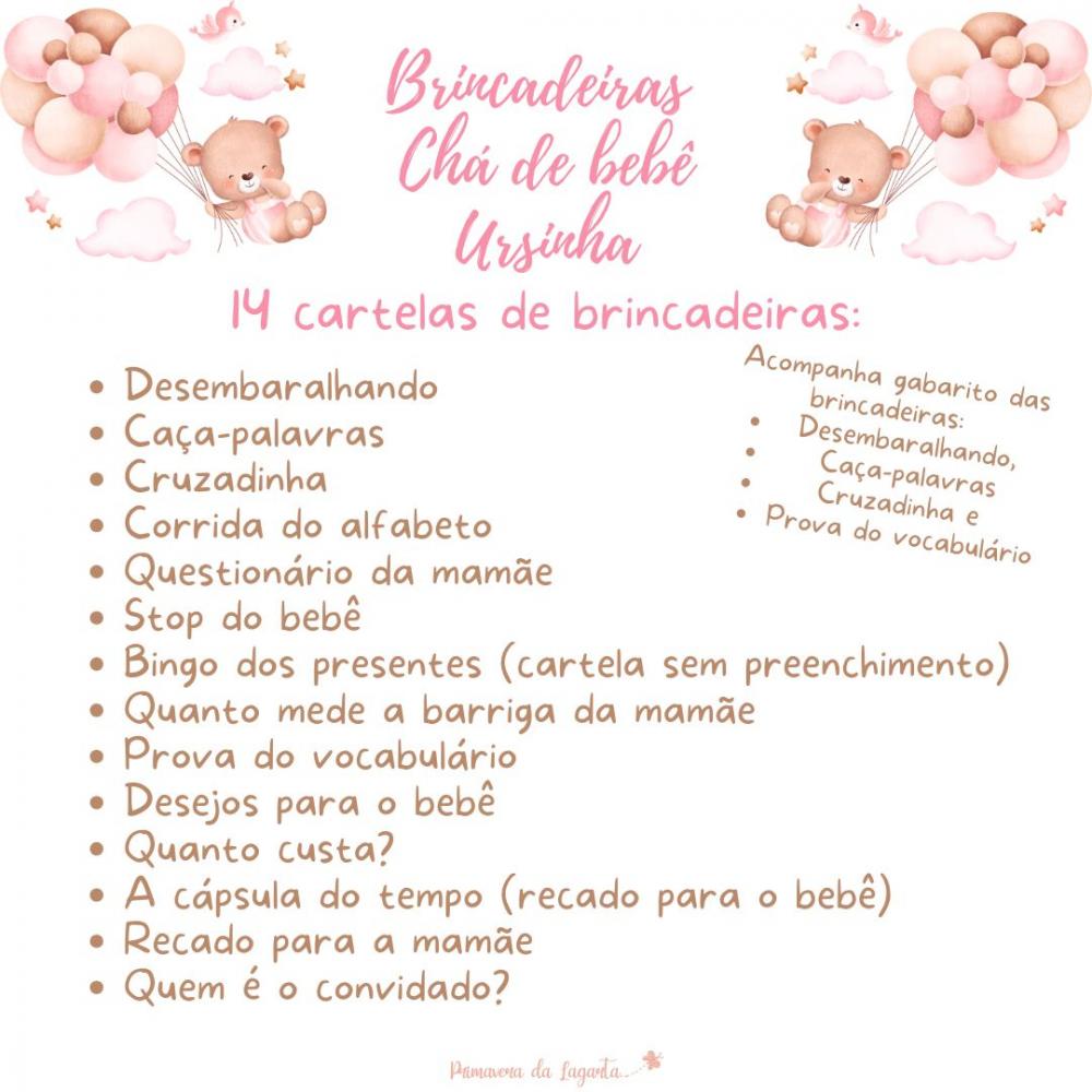 Kit Brincadeiras Chá de Bebê Ursinha Cute (rosa Poá) -pdf