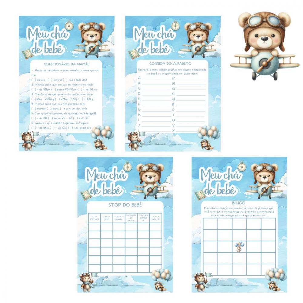 Kit Brincadeiras Chá de Bebê Ursinho Aviador Cute -pdf