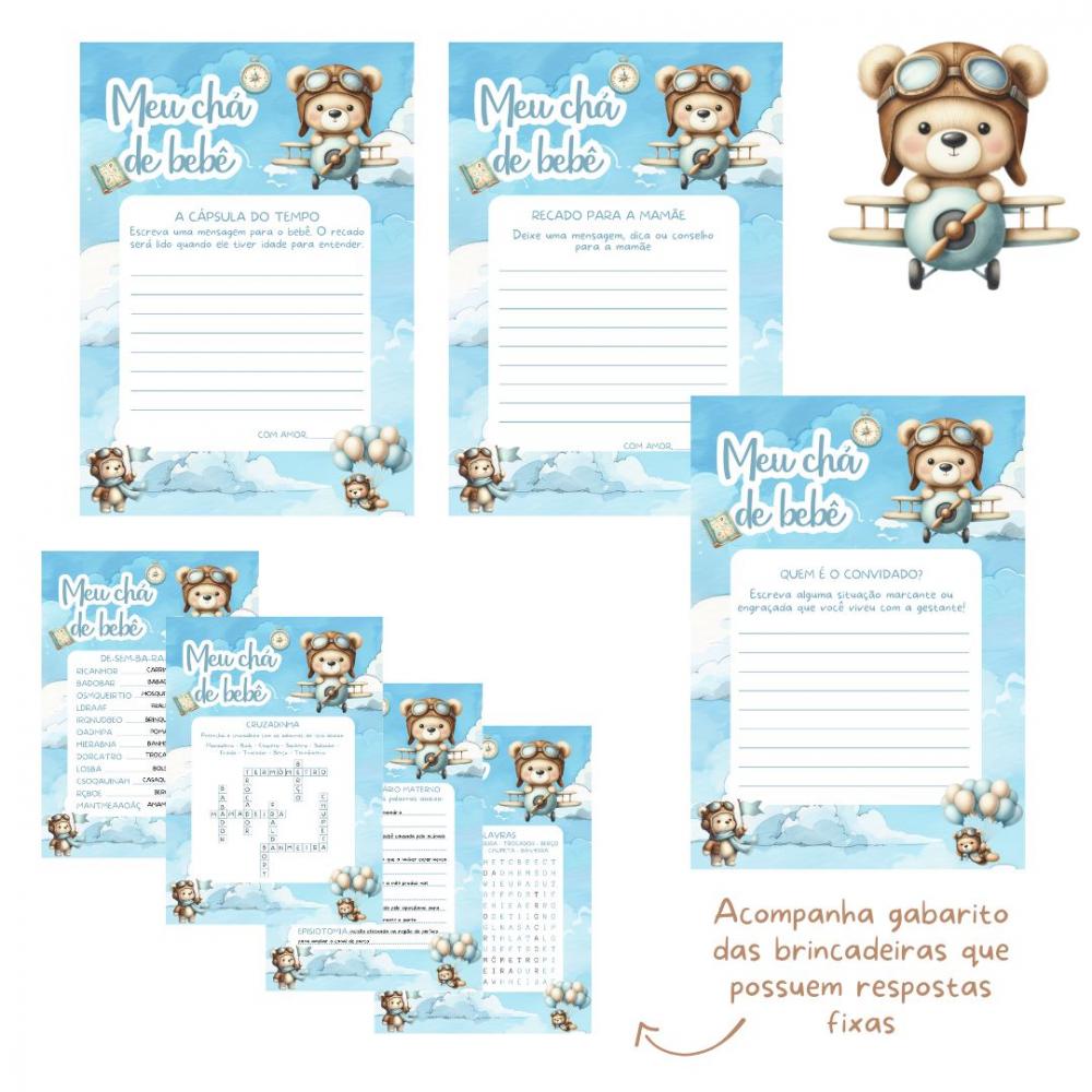 Kit Brincadeiras Chá de Bebê Ursinho Aviador Cute -pdf