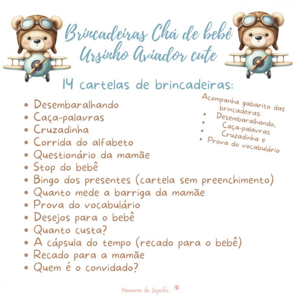Kit Brincadeiras Chá de Bebê Ursinho Aviador Cute -pdf